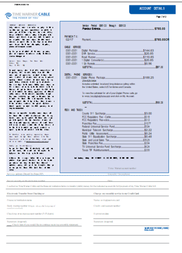 Time Warner Cabel utility business bill,  page 2, SCR PSD template